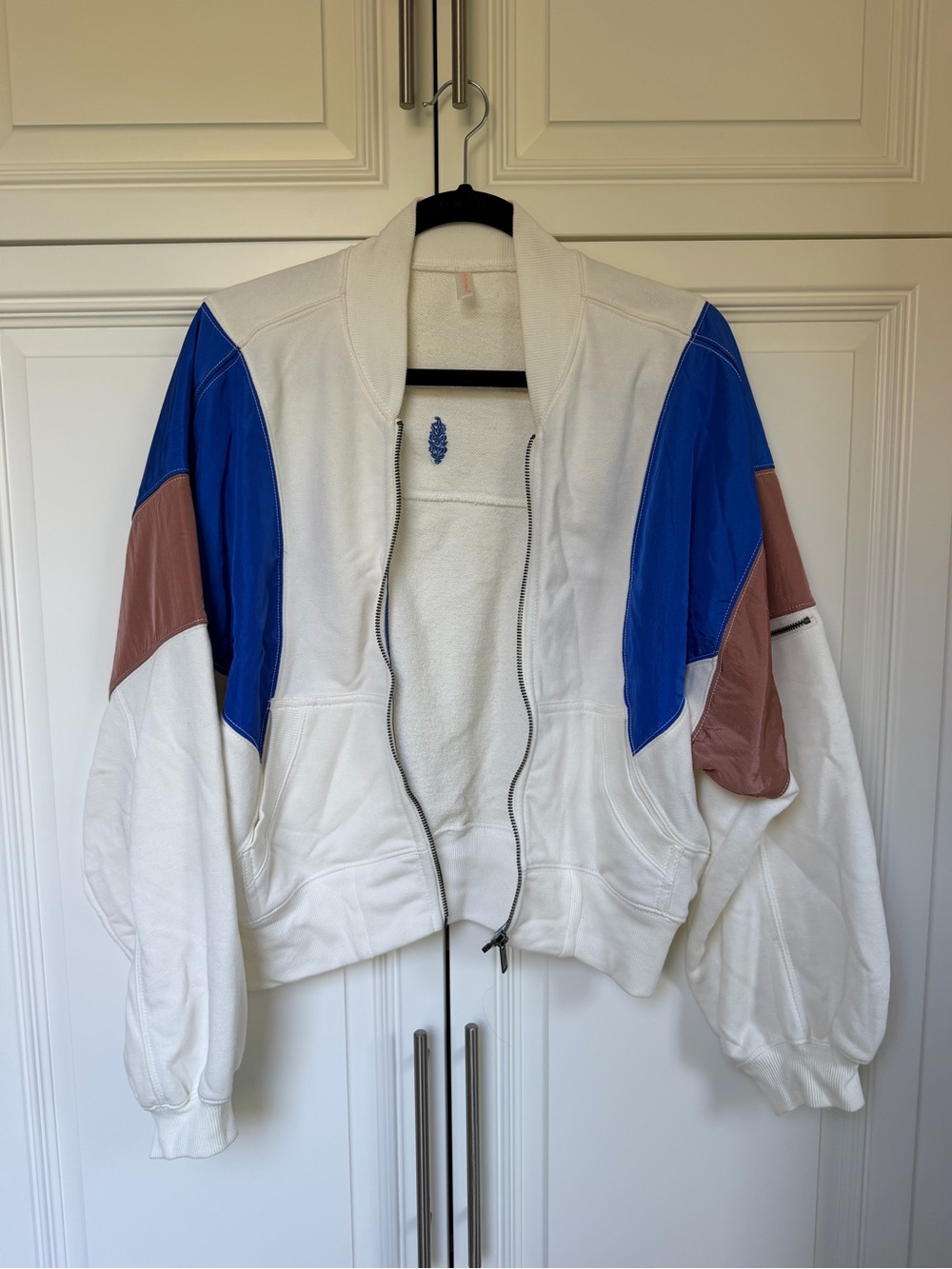 FP Movement by Free People White Bomber Jacket with Blue and Brown Panels